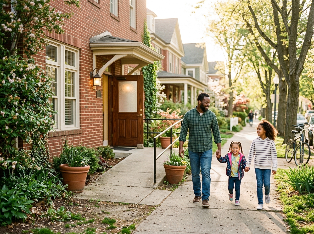 A neighbourhood family walking toward a small local doctor's office