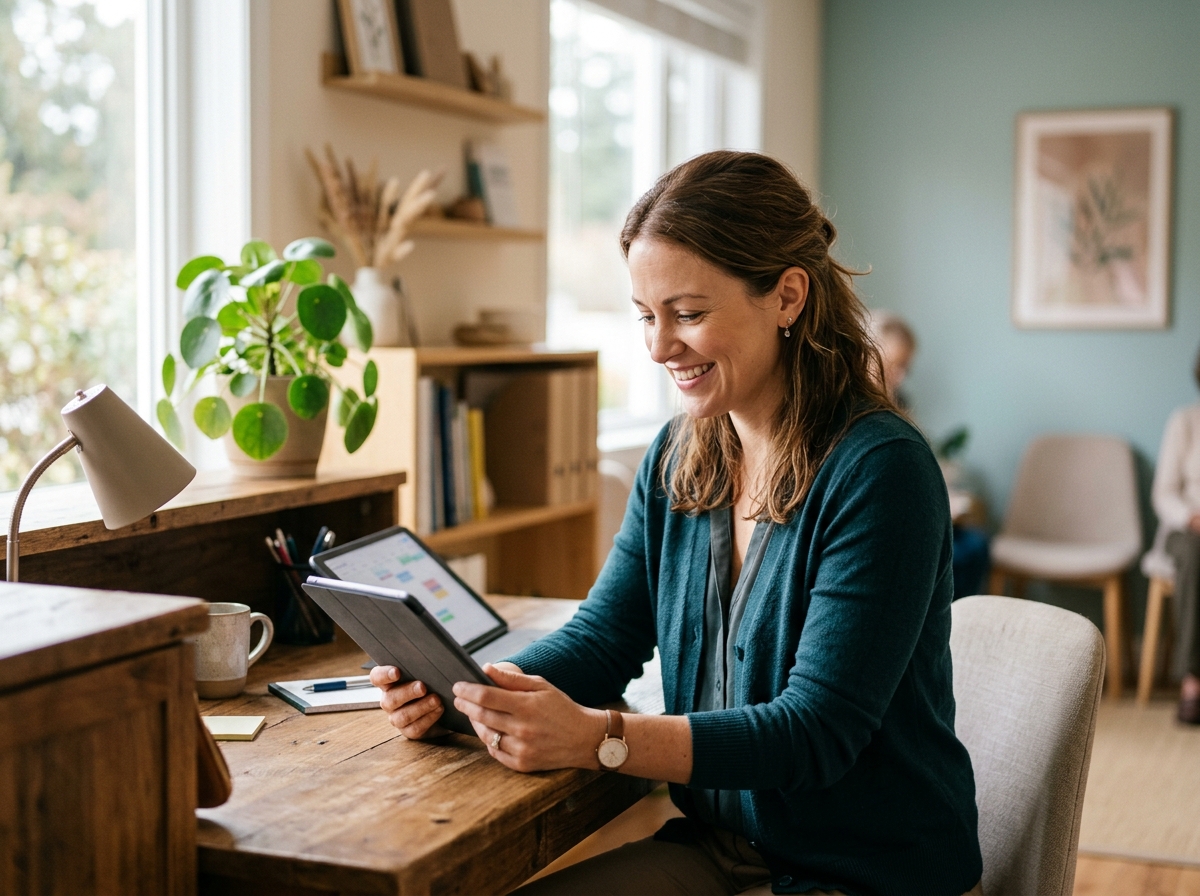 A relaxed front desk team member checking a calendar on a tablet