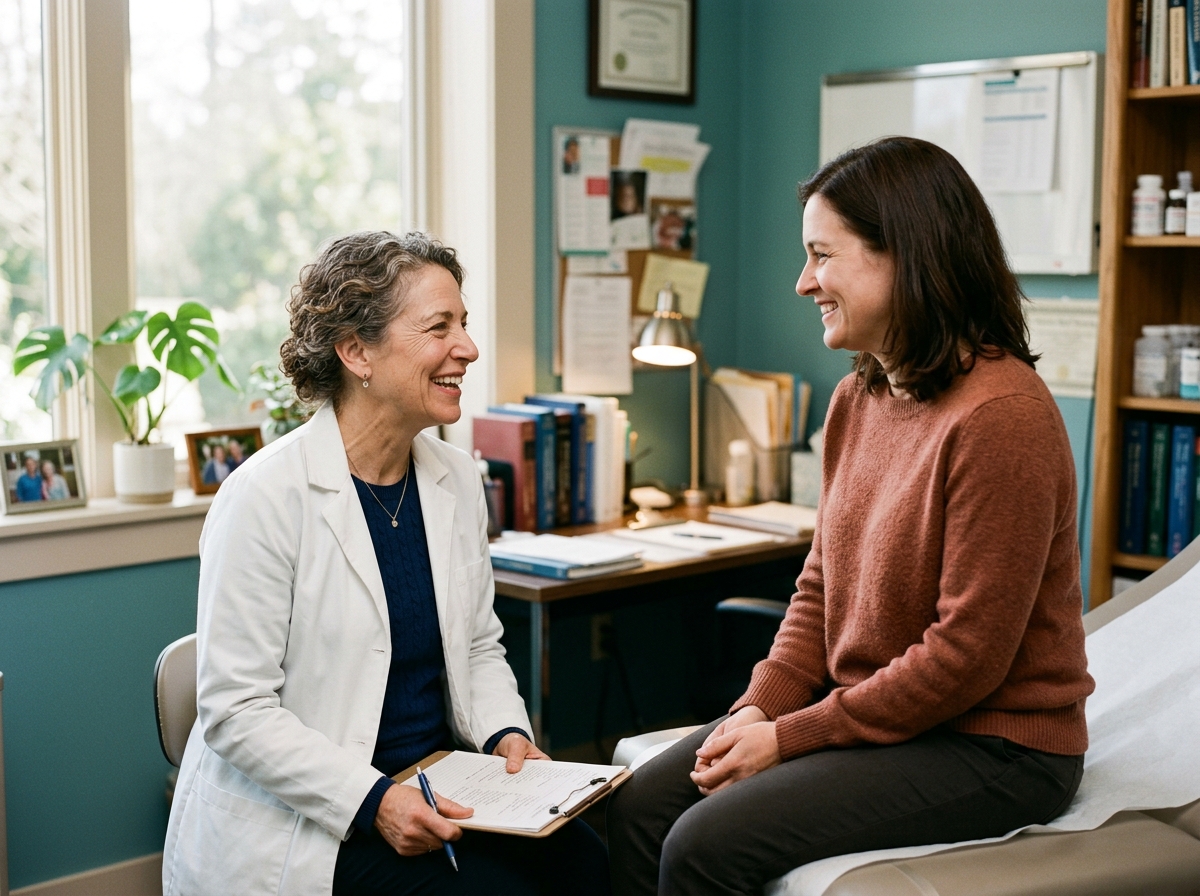 A family doctor smiling and talking with a patient in a bright, small practice