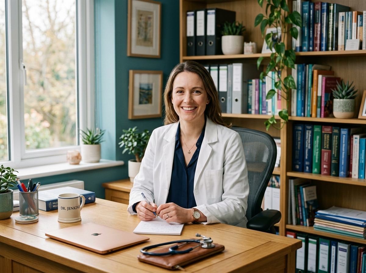An independent family doctor smiling at her desk in a small practice office